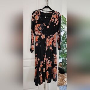Black Floral Long Sleeve Midi Dress - Women's